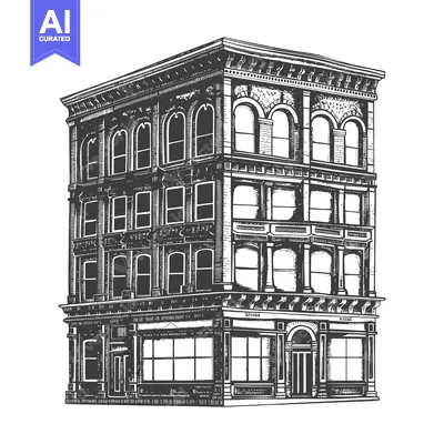 Aset premium populer: The tall building depicts a detailed architectural illustration