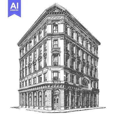 Aset premium populer: The vector drawing depicts a detailed corner building with a historic