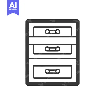 Aset premium populer: A graphic outline drawing depicts a three drawer cabinet design