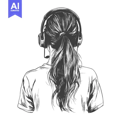 Aset premium populer: A Rear View of a Woman with Long Hair Wearing Headphones