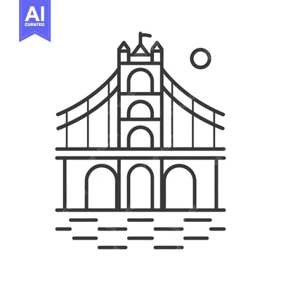 Premium design asset: A simple line drawing depicting a suspension bridge with arched suppor