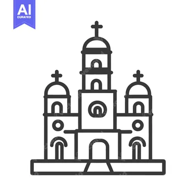 A stylized architectural illustration of a church building structure