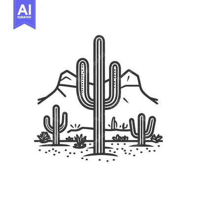 Aset desain premium: A detailed monochrome line drawing of a desert landscape