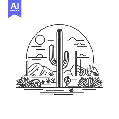 Aset premium populer: A line art illustration of a desert landscape with cacti