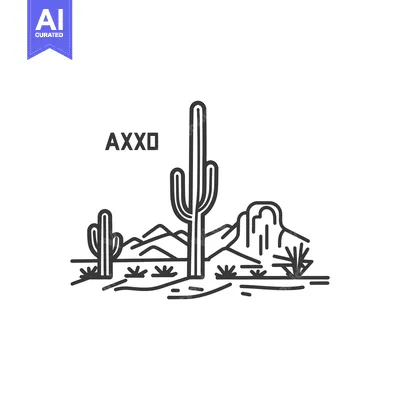 Premium design asset: Black and white line drawing showing desert scenery with cacti