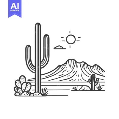 Aset desain premium: A stylized black and white desert landscape illustration showing cacti