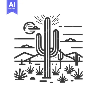 Aset premium populer: A stylized desert landscape featuring a large cactus and distant mount