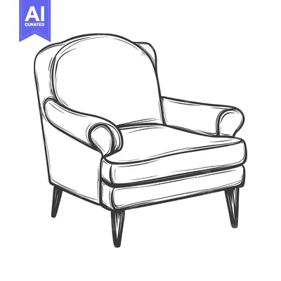 Premium design asset: A black and white sketch showing a comfortable upholstered armchair