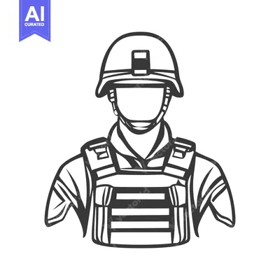 Aset desain premium: A detailed monochrome illustration depicting a soldier in combat gear