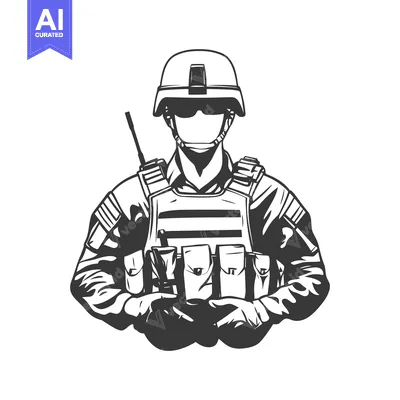Aset premium populer: A monochrome illustration depicting a soldier in full combat gear