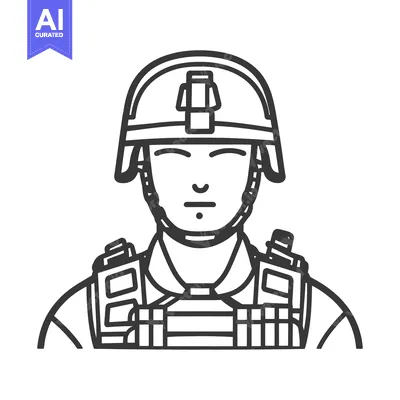 Aset desain premium: A line drawing depicting a soldier wearing protective combat gear
