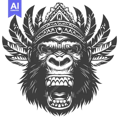 Aset desain premium: A Roaring Gorilla Wearing a Feather Headdress