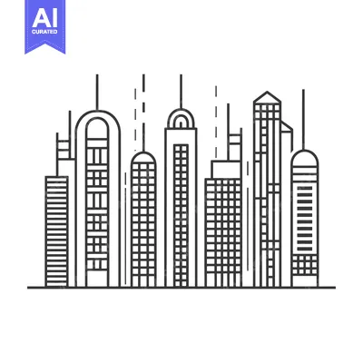 Premium design asset: A Row of Seven Modern Skyscrapers in a Linear Outline Style