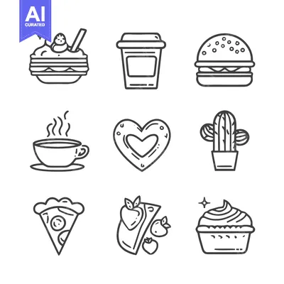 Popular premium asset: Food and Drink Icon Set: Dessert, Coffee, Burger, Pizza, and More