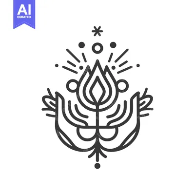 Aset desain premium: A symmetrical line drawing depicting a floral and hand motif