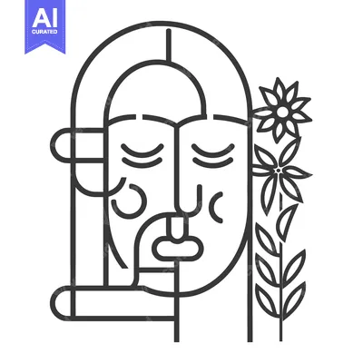 Aset desain premium: Abstract Line Art Portrait of a Woman with Floral Adornments