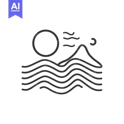 Premium design asset: A simple line art depiction of nature with mountains and water