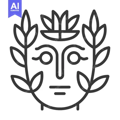 Aset desain premium: A symmetrical stylized face encircled by leafy plant branches