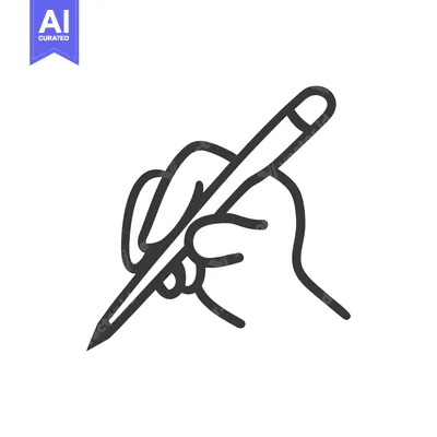 Aset desain premium: A black outline drawing shows a hand holding a pencil