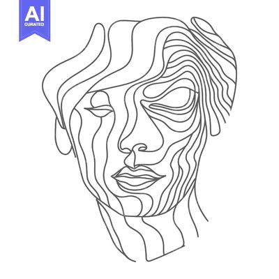 Aset desain premium: An artistic line drawing depicts a stylized human face
