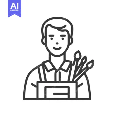 Premium design asset: Minimalist Artist Icon: Smiling Man with Brushes and Palette