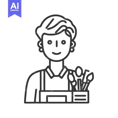 Aset desain premium: Cheerful Artist Portrait: Line Art Icon of a Smiling Painter with Pain