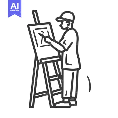 Aset desain premium: An artist wearing a cap painting on an easel outdoors
