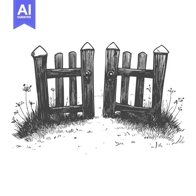 Aset desain premium: A Rustic Wooden Gate Open in a Grassy Field