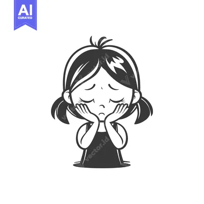 Aset desain premium: A Sad Cartoon Girl with Her Hands on Her Cheeks