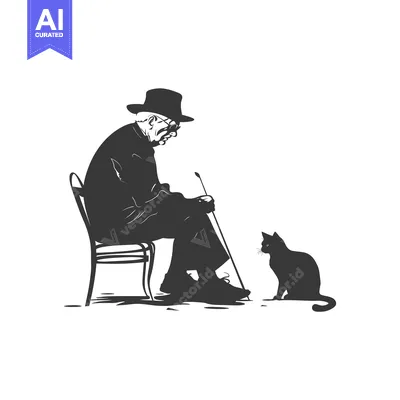 A seated elderly man in a hat looking at a cat