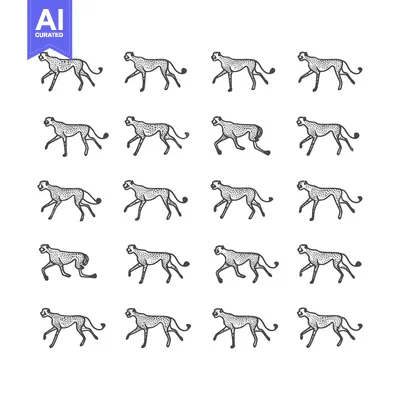 Aset desain premium: A Sequence of 20 Cheetah Sketches Showing Various Running Poses