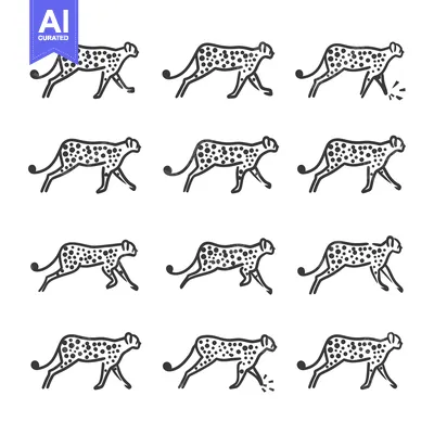 A series of twelve black and white line drawings of a cheetah walking,
