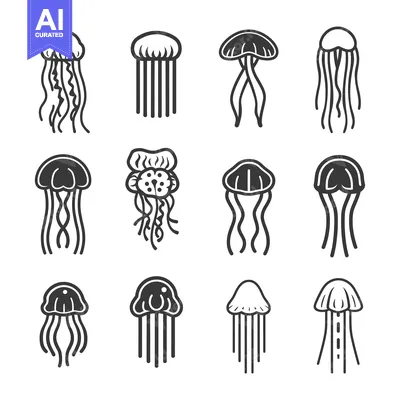 Aset premium populer: A set of 12 black and white illustrations of jellyfish