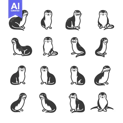 Aset premium populer: A Set of 12 Black and White Otter Illustrations in Various Poses