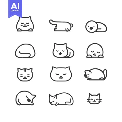 Aset desain premium: A Set of 12 Cute Cat Icons in Various Sleeping Positions