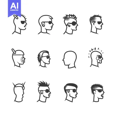 Aset premium populer: A set of 12 diverse male head illustrations with various hairstyles an