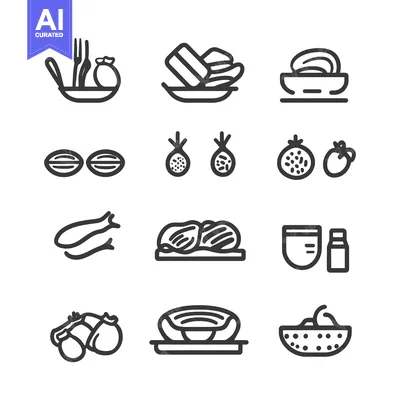 A Set of 12 Food Icons in Black and White Line Art Style