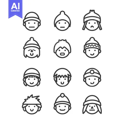 A Set of 12 Line Art Emojis Depicting People Wearing Winter Hats