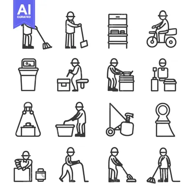 Aset desain premium: A Set of 12 Line Art Illustrations Depicting Cleaning and Maintenance