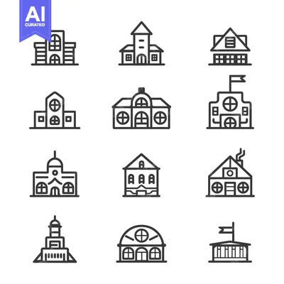 Aset premium populer: A Set of 12 Line Drawings Depicting Various Building Styles