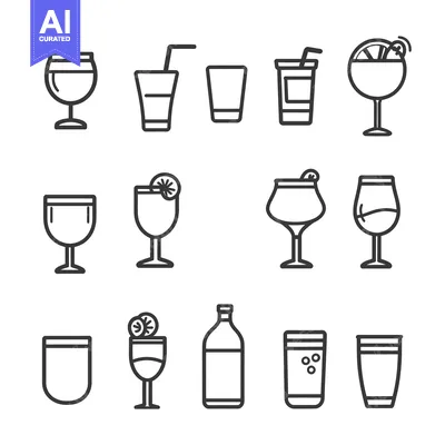Aset desain premium: A Set of 12 Line Drawings Depicting Various Glasses and a Bottle
