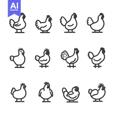 Aset desain premium: A Set of 12 Line Drawings of Chickens in Various Poses