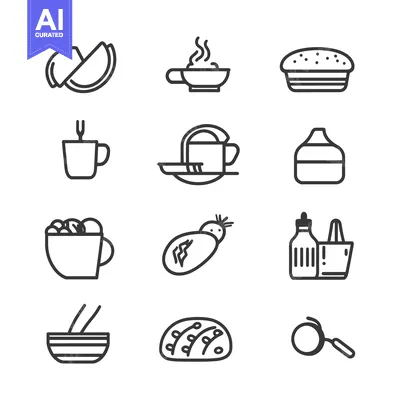 Aset premium populer: A Set of 12 Line Drawings of Various Food and Drink Items