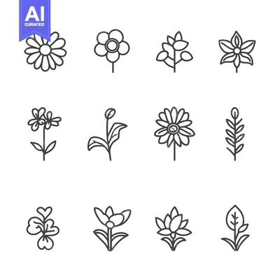 Aset desain premium: A Set of 12 Outline Drawings of Various Flowers and Plants