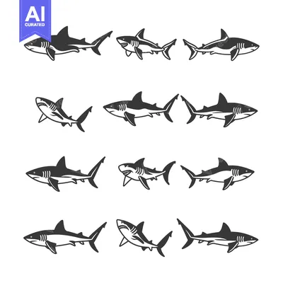 Aset desain premium: A Set of 12 Silhouettes of Sharks in Various Swimming Positions