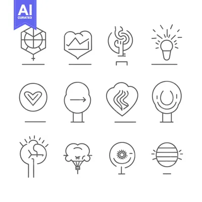 Aset desain premium: A Set of 12 Simple Line Art Icons Featuring Hearts, Arrows, and Light