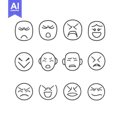 Aset premium populer: A Set of 12 Simple Line Drawn Emojis Expressing Different Emotions
