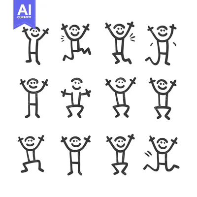 Aset premium populer: A Set of 12 Simple Stick Figure Drawings Depicting Happy People in Var