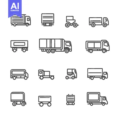 Aset desain premium: A set of 14 different truck icons in black outline style