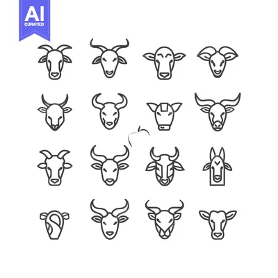 Aset desain premium: A Set of 14 Outline Illustrations of Cow, Goat, and Bull Heads